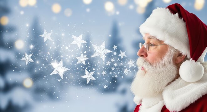 Magical winter scene of Santa Claus with sparkling stars amidst a snowy landscape - Powered by Adobe