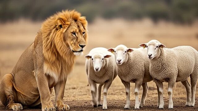 Lions and sheep side-by-side show unlikely friendship, harmony in nature