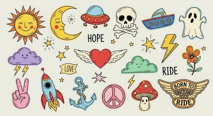 Bohemian eclectic doodles collection featuring sun moon stars and other charming elements