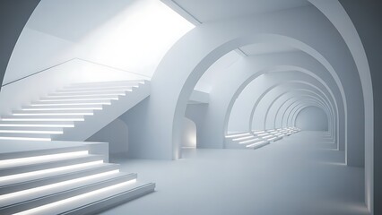 Obraz premium Bright futuristic staircase and arched corridor with soft lighting