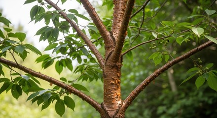 Botanical exploration: textured trunk and vibrant foliage of a forest tree serenity