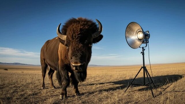 Behind the Scenes: American Bison's Portrait Session in the Open Prairie Landscape