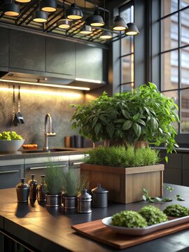 A lush indoor herb garden takes root in a modern kitchen countertop, bringing freshness and fragrance to cooking