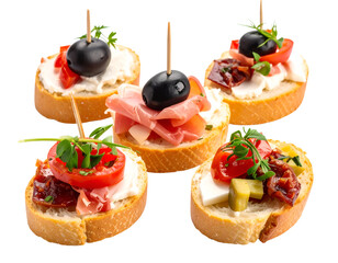 Assorted gourmet canap&eacute;s with toppings such as olives, cherry tomatoes, cured meats, cheese, and fresh herbs arranged on small bread slices
