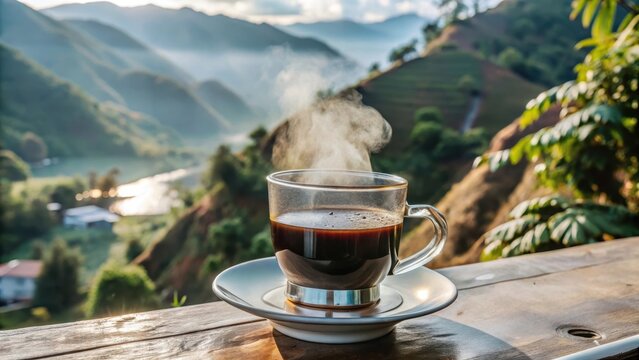 A steaming cup of Vietnamese phin coffee is poured outdoors under a lush green tree canopy on a serene hillside in Vietnam