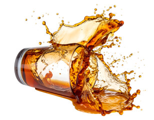 A glass tumbler tipped over with a splash of a dark-colored beverage creating dynamic liquid movement