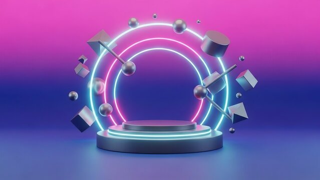 Vibrant abstract podium with neon circles and floating shapes - Powered by Adobe