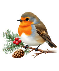 Fototapeta premium Charming european robin perched on a pine branch with holly berries and pine cone, festive winter scene, isolated on transparent background isolated on transparent background