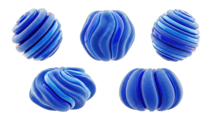 Five Abstract Blue Spheres with Swirling Texture and Glittering Sparkles on a Transparent Background with Soft Lighting