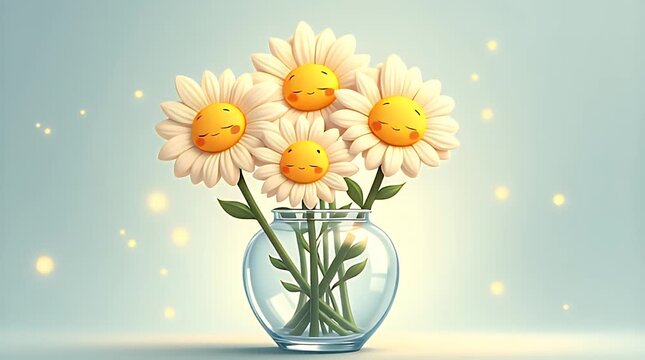 A group of expressive daisy characters with cute faces sitting inside a transparent vase, glowing petals and warm yellow centers. Soft, clean vector style.