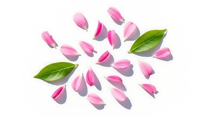 Scattered pink flower petals and green leaves on white background