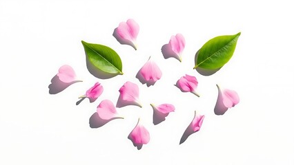 Delicate pink flower petals and green leaves scattered on white