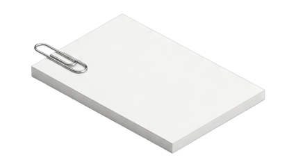 Isometric View of a Stack of White Paper Sheets Secured with a Silver Metal Paperclip on a Transparent Background with Subtle Shadowing