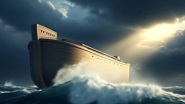 Majestic Noah's Ark against dramatic sky, intricate wood, impending storm.