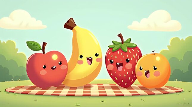 Cute fruit characters (apple, banana, strawberry, orange) sitting together on a checkered mat, smiling and chatting like friends. Cartoon-style clouds and bushes in the background, fun and vibrant pal
