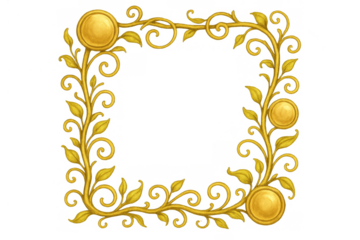 Golden decorative border forming an elegant frame with swirling vines, leaves, and shiny medallions, ideal for luxurious designs