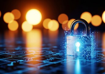 A padlock with circuit board design and blue glow on a reflective surface with bokeh background