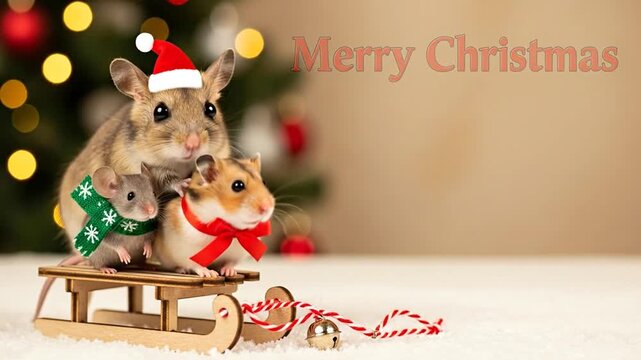 Cute jerboa and hamster celebrate Merry Christmas and Happy New Year holidays