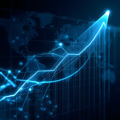 abstract background with arrows, hyper-futuristic financial analytics screen with bright rising indicators.