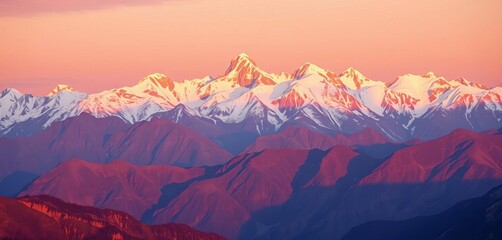 Majestic mountain range at sunset, snow-capped peaks reflecting golden light, snow, landscape