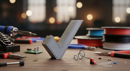 Tinkerers table with a gray checkmark and various electronic project equipment scattered around