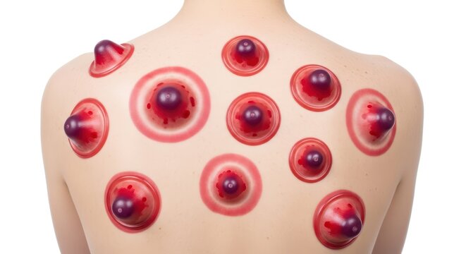 Cupping therapy session showing suction cups on a person's back for health treatment and wellness