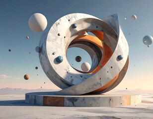 Abstract sculpture with spherical elements on a white stage, blue sky
