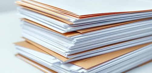 Stack of crisp white papers and brown envelopes ready for mailing, paper, white