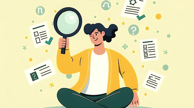 A person sitting cross-legged on the floor, holding a giant magnifying glass, surrounded by floating job application cards, resumes, and checklists in pastel colors. Playful cartoon style, bold