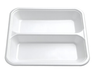 A dual-compartment white plastic food container with a smooth finish and rounded edges for meal storage and organization