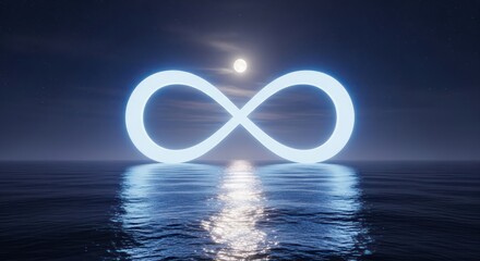 Serene infinity symbol glowing above ocean waves under moonlit sky reflecting light