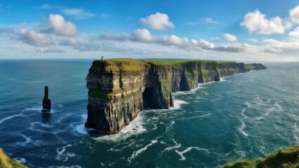 Dramatic coastal cliffs meet the vast ocean under a partly cloudy sky