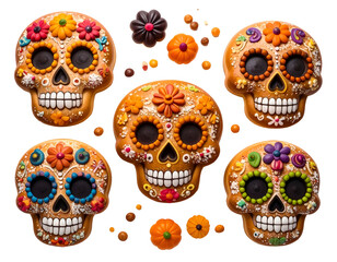 Colorful decorated sugar skulls with floral patterns and vibrant details, symbolizing cultural celebrations and artistry