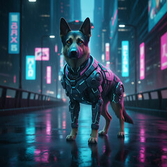 Cyberpunk Armored Dog Standing in Futuristic Neon City at Night