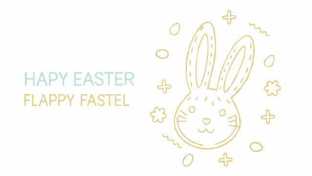 Cute hand drawn golden bunny face with pastel text happy easter and flappy fastel surrounded by festive doodles