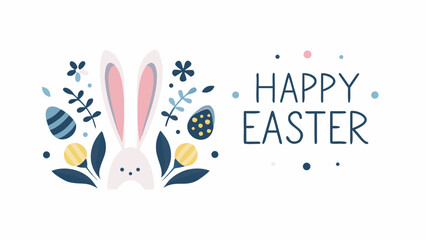 Cute easter bunny with decorative eggs and foliage with happy easter text on white background