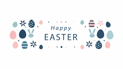 Happy easter greeting card with decorative eggs bunnies and flowers in pastel colors on a white background