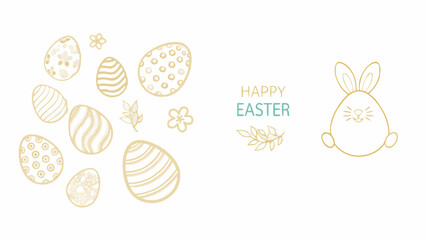 Whimsical hand drawn easter eggs and a cute bunny illustration with happy easter text and floral elements