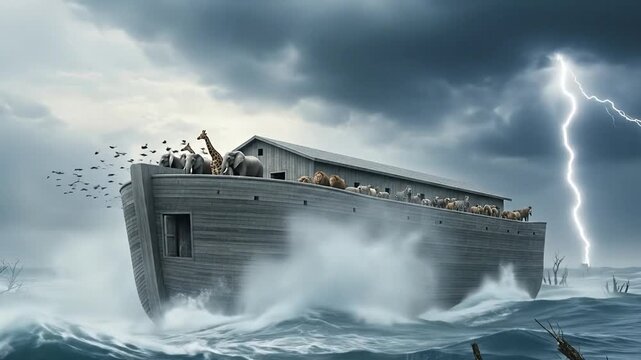 Noah's Ark braves torrential rain, epic biblical flood event unfolds dramatically