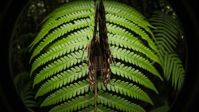 Dreamlike Morpho Butterfly Resting on Vivid Green Fern Fronds in a Mirrored Illusion
