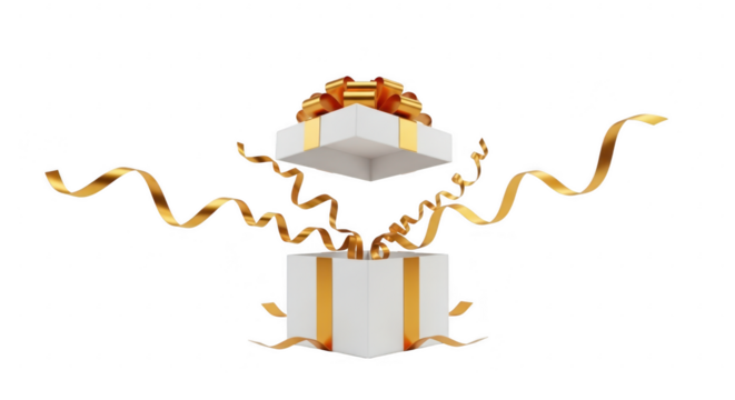 White gift box with gold ribbons and streamers, isolated on transparent background