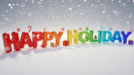 Colorful Balloons Forming Happy Holiday Text with Snowflakes Falling