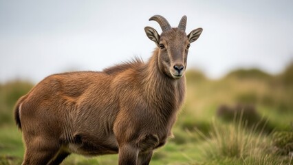 Fototapeta premium A brown mountain goat stands proud, gazing directly at the viewer, against a grassy hill backdrop