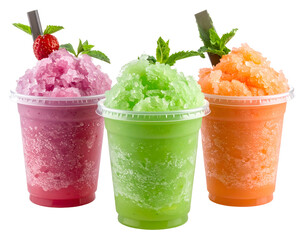 Three colorful frozen fruit slushies in clear cups with fresh fruit garnishes and mint leaves on top