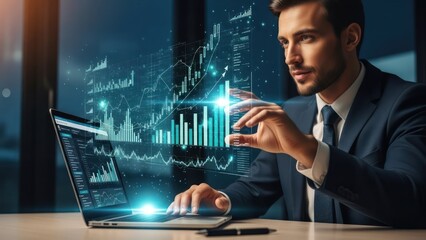 A businessman in a suit analyzes financial data on a laptop, surrounded by glowing graphs