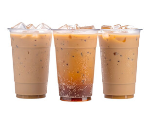 Three glasses of iced coffee beverages with ice cubes and creamy texture arranged in a row