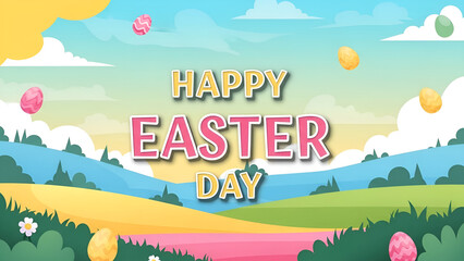 Cheerful Easter Day Landscape Festive Banner with Eggs Mountains and Happy Greetings