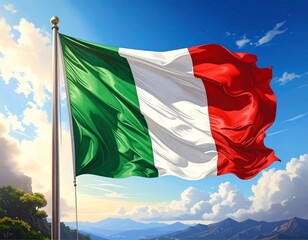 A vibrant tricolor flag waving in a bright, sunny sky with rolling hills
