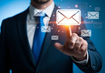 Man in suit touching glowing email icon surrounded by smaller email icons on a blue background