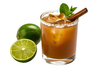 A refreshing cocktail garnished with mint and a cinnamon stick, served with ice cubes and lime slices